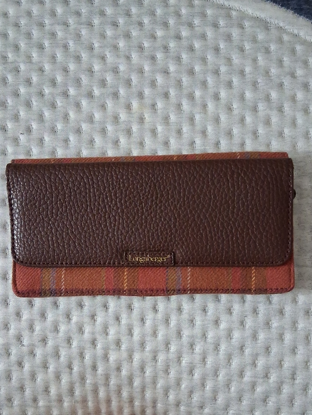 Longaberger Brown Leather and Orange Plaid Continental Wallet